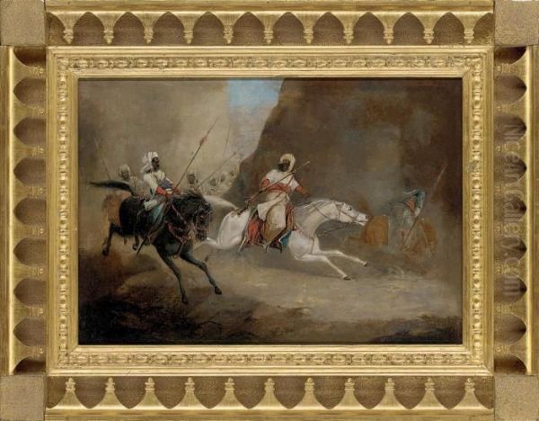 Arab Warriors Charging Through A Gorge Oil Painting by Horace Vernet