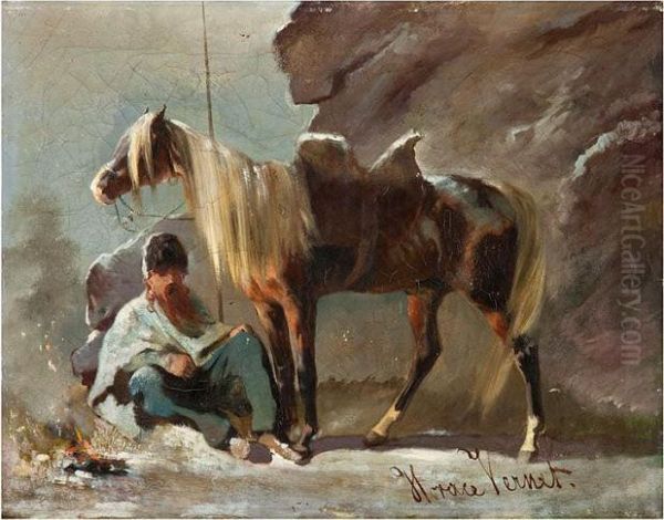 Kosak Neben Seinem Gesatteltem Pferd Sitzend Oil Painting by Horace Vernet