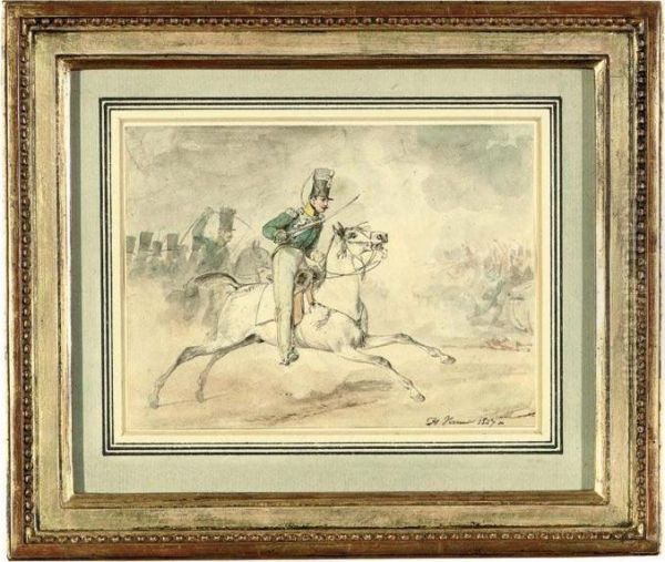 A Cavalryman Charging In The Midst Of Battle Oil Painting by Horace Vernet