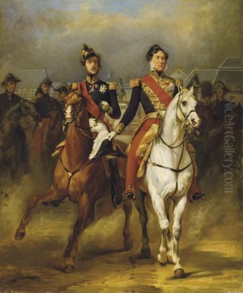 Louis-philippe Et Le Duc D'orleans Devant Le Chateau Deversailles Oil Painting by Horace Vernet