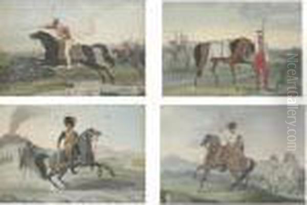 A Set Of Four Of The Royal 
Neapolitan Cavalry: A Member Of The Chevau-leger (the Light Horse); A 
Charging Member Of The Gardes D'honneur (guard Of Honour) Before The 
Casserta Palace; A Member Of The Velitea A Cheval (the Hussars) Before 
The Pal Oil Painting by Horace Vernet