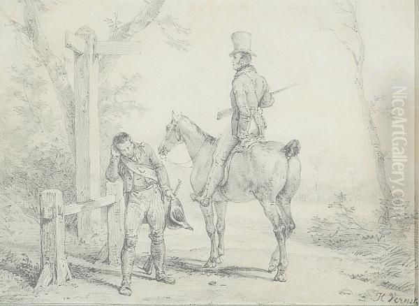 Man On Horseback And Gameskeeper Oil Painting by Horace Vernet