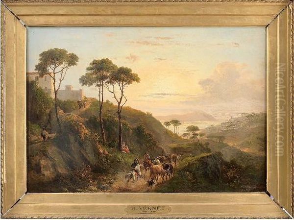 Vue De La Cote Amalfitaine Animee De Bergers Et Cavaliers Oil Painting by Horace Vernet