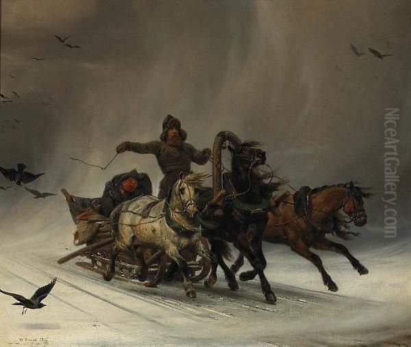 Figures In A Sleigh In A Stormy Winter Landscape Oil Painting by Horace Vernet