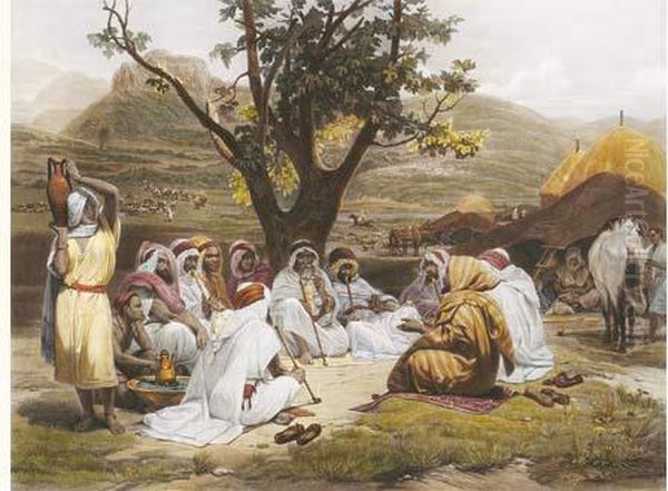 Arabes Dans Leur Camps Ecoutant Une Histoire, Souvenir D'algerie . Oil Painting by Horace Vernet