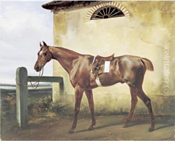 A Saddled Race Horse Tied To A Fence Oil Painting by Horace Vernet