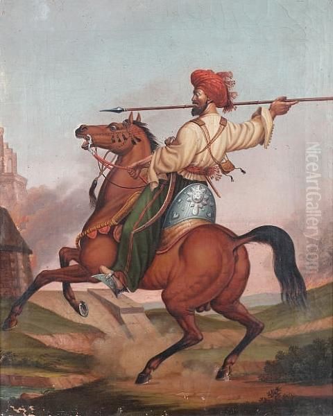 A Mounted Oriental With A Spear Oil Painting by Horace Vernet