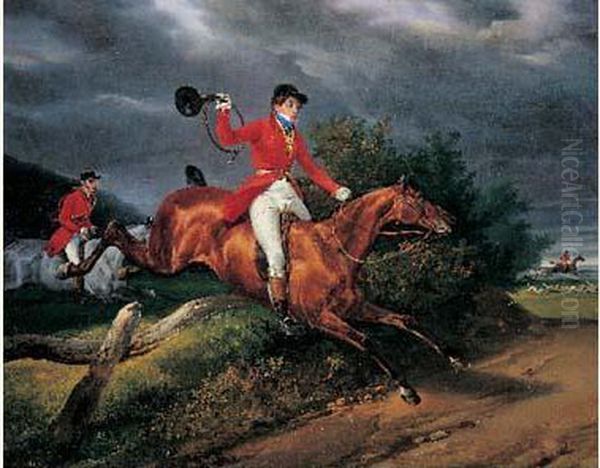 Chasseurs A Courre Sautant Une Haie Oil Painting by Horace Vernet