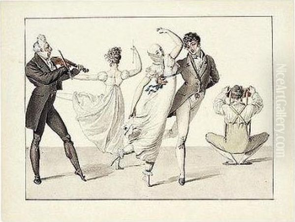 Elegant Ladies And Gentlemen Dancing To A Fiddler Oil Painting by Horace Vernet