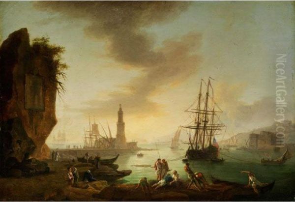 Blick In Eine Hafenbucht Bei Sonnenuntergang Oil Painting by Claude-joseph Vernet