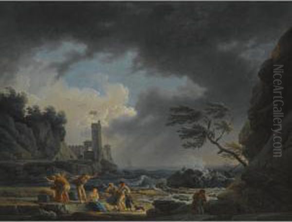 A Stormy Coastal Scene With Figures On A Beach Having Escaped A Shipwreck Oil Painting by Claude-joseph Vernet