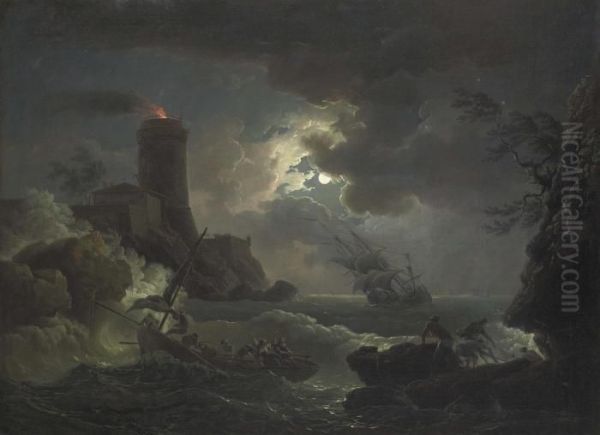 Shipwrecked Figures And Fishermen Bringing In Their Nets In A Storm, A Lighthouse Beyond Oil Painting by Claude-joseph Vernet