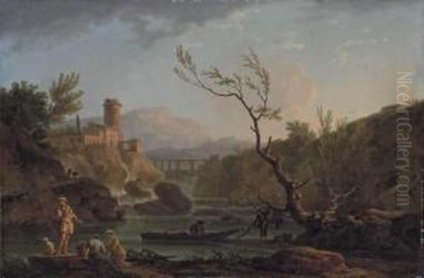 A Capriccio View Of Montferrat 
At Dawn With The Gorges De Verdon And The River Nartuby, With Fishermen 
Unloading Their Catch Oil Painting by Claude-joseph Vernet