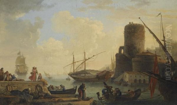 A Mediterranean Sea Port With 
Sailors Letting Down The Anchor And Unloading The Cargo Of A Ship Oil Painting by Claude-joseph Vernet