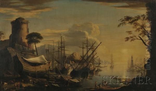 View Of A Seaport With Galleons In The Harbor Oil Painting by Claude-joseph Vernet