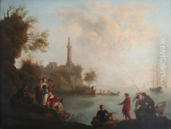 Scene On The Coast With Fishermen By A Lighthouse Oil Painting by Claude-joseph Vernet