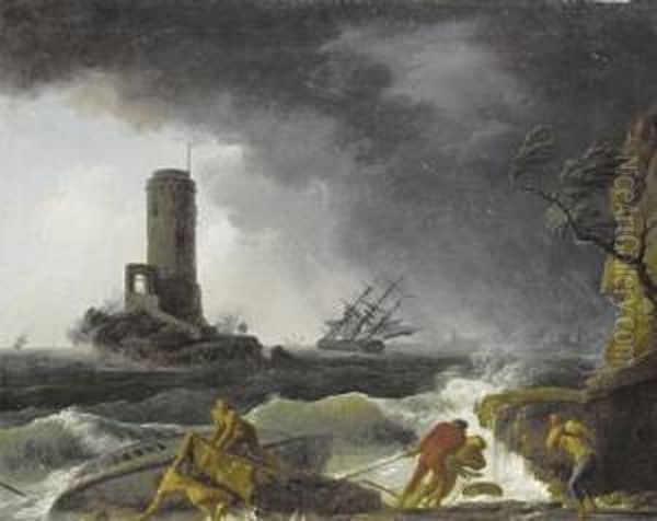 A Shipwreck In Stormy Seas With A Lighthousebeyond Oil Painting by Claude-joseph Vernet