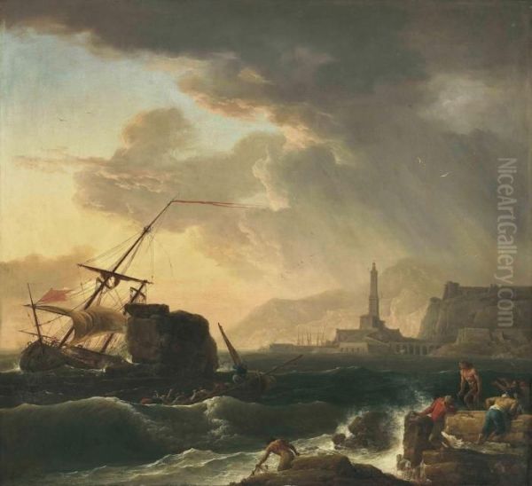 A Shipwreck With Figures Coming Ashore Oil Painting by Claude-joseph Vernet