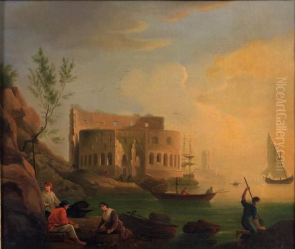 Pecheurs Dans Un Paysage Au Pied D'unearchitecture Antique Oil Painting by Claude-joseph Vernet