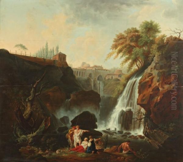 Personnages Aux Pieds Des Chutes De Tivoli Oil Painting by Claude-joseph Vernet