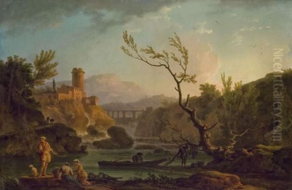 Pecheurs Au Pied D'une Cascade Oil Painting by Claude-joseph Vernet