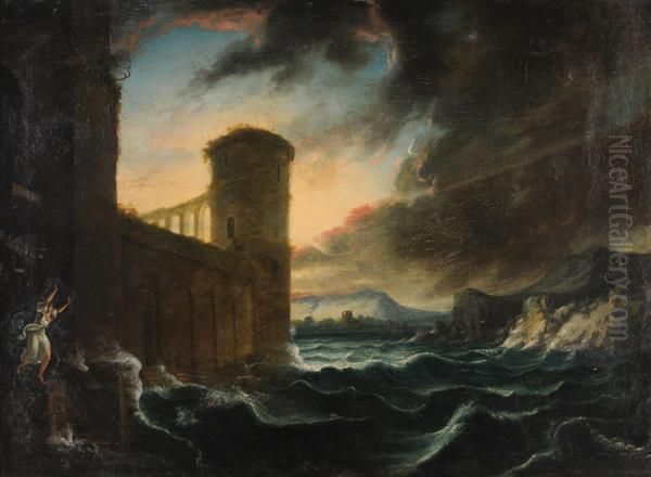 Marina Con Castello E Figura Oil Painting by Claude-joseph Vernet