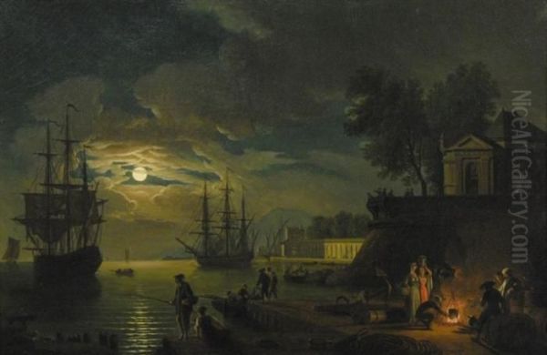 Moonlit Harbor View Oil Painting by Claude-joseph Vernet