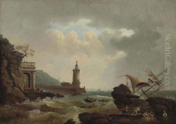 A Capriccio Of An Italian 
Lighthouse, With A Vessel Wrecked On The Rocks And Rescuers On The 
Foreshore Oil Painting by Claude-joseph Vernet