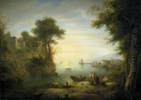 Ideal Southern Coastal Landscape At Dusk Oil Painting by Claude-joseph Vernet