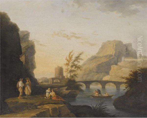 Landscape With Figures By A River And Fishermen Pulling Nets Oil Painting by Claude-joseph Vernet