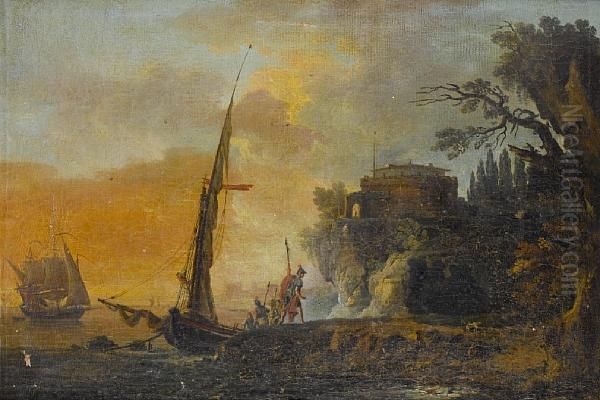 A Mediterranean Coastal Landscape With Soldiers Landing On Rocks, A Fort In The Distance Oil Painting by Claude-joseph Vernet