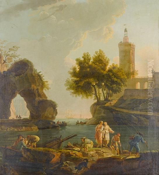 Fishermen Unloading Their Catch In A Mediterranean Harbour, A Grotto Beyond Oil Painting by Claude-joseph Vernet