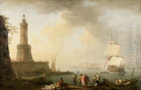 Personnages Debarquant Sur Le Port Oil Painting by Claude-joseph Vernet