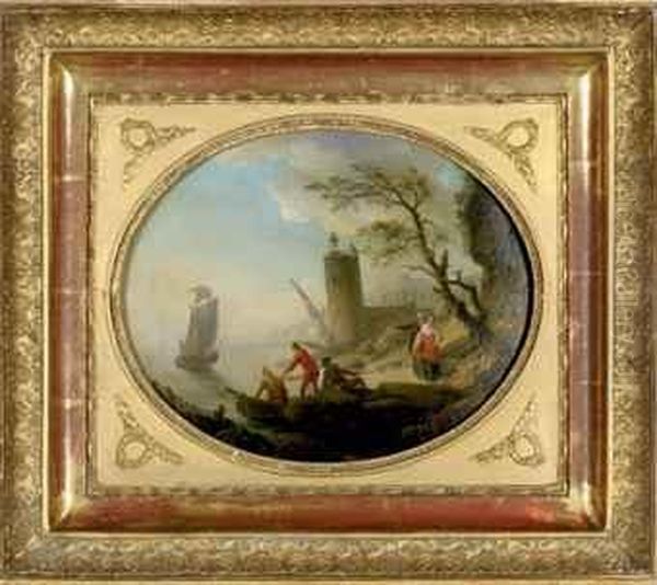 A Mediterranean Coastal Landscape With Fishermen Hauling In Theirnets Oil Painting by Claude-joseph Vernet