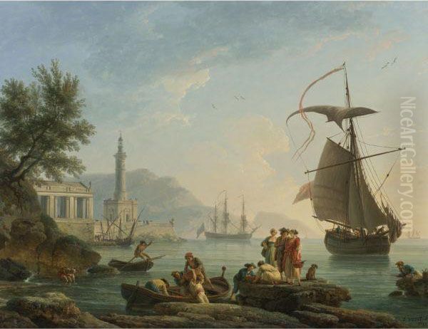 A Mediterranean Harbor At Sunset Oil Painting by Claude-joseph Vernet