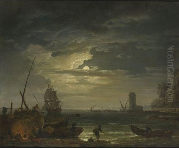 A Mediterranean Inlet By Moonlight Oil Painting by Claude-joseph Vernet