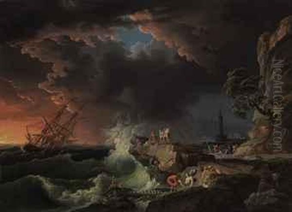 A Shipwreck With Figures Coming Ashore Oil Painting by Claude-joseph Vernet