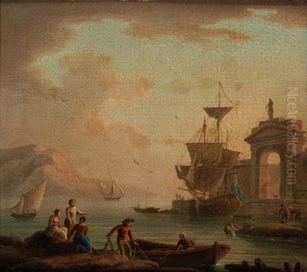 Follower Of 
Harbour In The South Of Europe Oil Painting by Claude-joseph Vernet