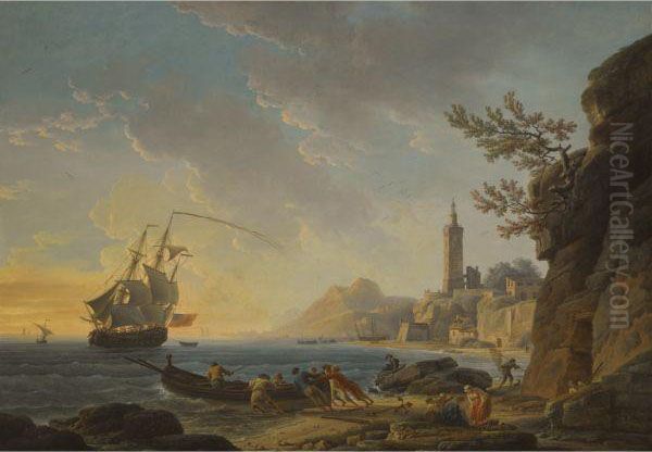 A Coastal Scene With A 
Lighthouse On The Cliffs And Fishermenwith Their Nets In The Foreground Oil Painting by Claude-joseph Vernet