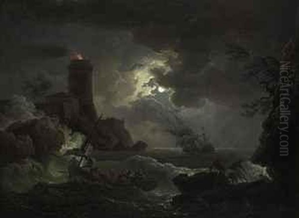 Shipwrecked Figures And Fishermen Bringing In Their Nets In Astorm, A Lighthouse Beyond Oil Painting by Claude-joseph Vernet