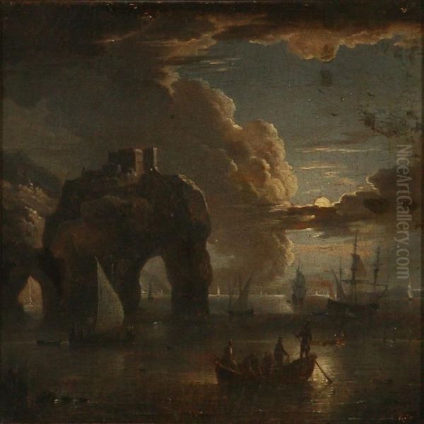 Coastal Scene In Moonlight Oil Painting by Claude-joseph Vernet