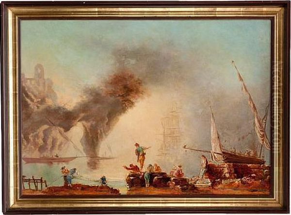 Fishermen And Sailors On A Beach Oil Painting by Claude-joseph Vernet