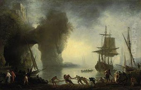 A Mediterranean Coastal Inlet With Fishermen Bringing In Theirnets, Shipping Beyond Oil Painting by Claude-joseph Vernet