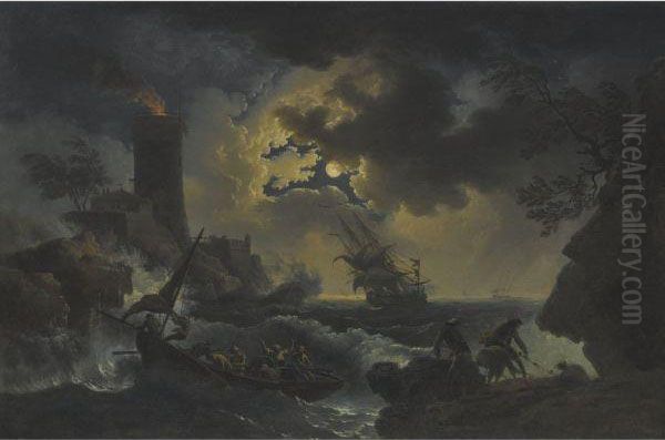 A Coastal Scene With A Ship, A 
Sailing Boat, A Lighthouse And Fisherman Landing Their Catch Oil Painting by Claude-joseph Vernet