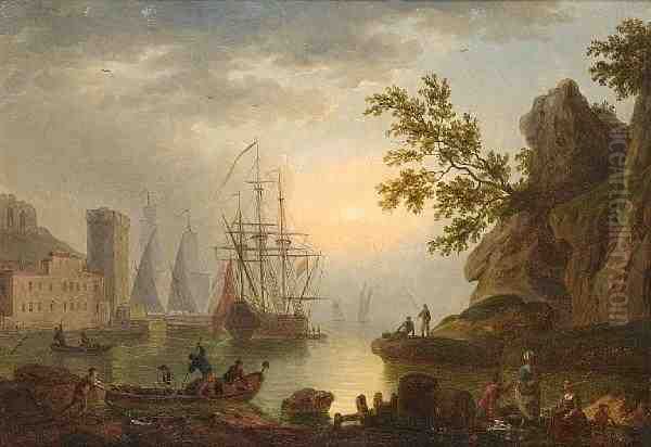 Fishermen And Other Figures 
Resting On A Rock,shipping And A Fortification In The Distance; Oil Painting by Claude-joseph Vernet