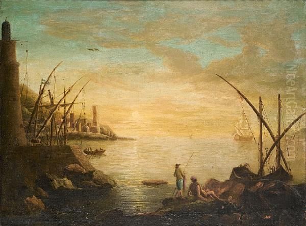 A Mediterranean Harbour At Sunset Withfishermen Resting On Rocks In The Foreground Oil Painting by Claude-joseph Vernet