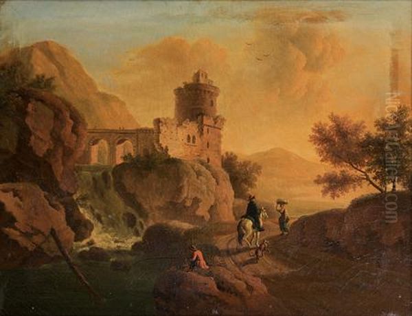 Cavalier, Lavandiere Et Pecheur Dans Un Paysage De Cascade Surmonte D'un Aqueduc Oil Painting by Claude-joseph Vernet