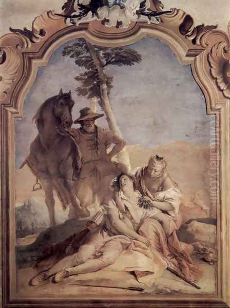 Frescoes in the Villa Vallmarana, Vicenca, scene, Angelica, in the company of a shepherd, maintains Oil Painting by Giovanni Battista Tiepolo