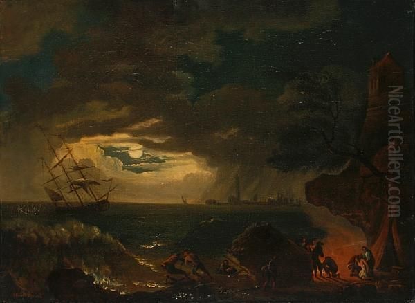 A Rocky Coastal Scene With Survivors Of Ashipwreck Taking Refuge Onshore Oil Painting by Claude-joseph Vernet