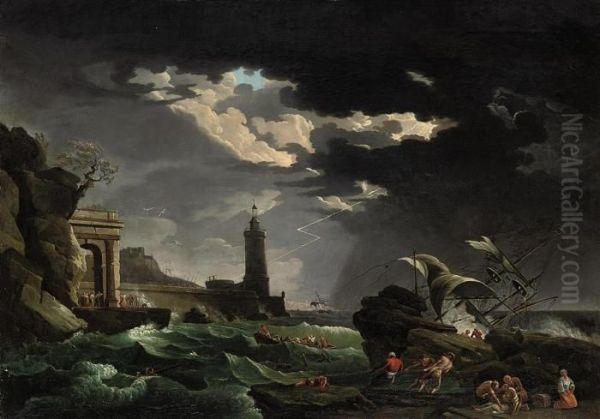 Shipwrecked Figures Off A Lighthouse In A Storm Oil Painting by Claude-joseph Vernet